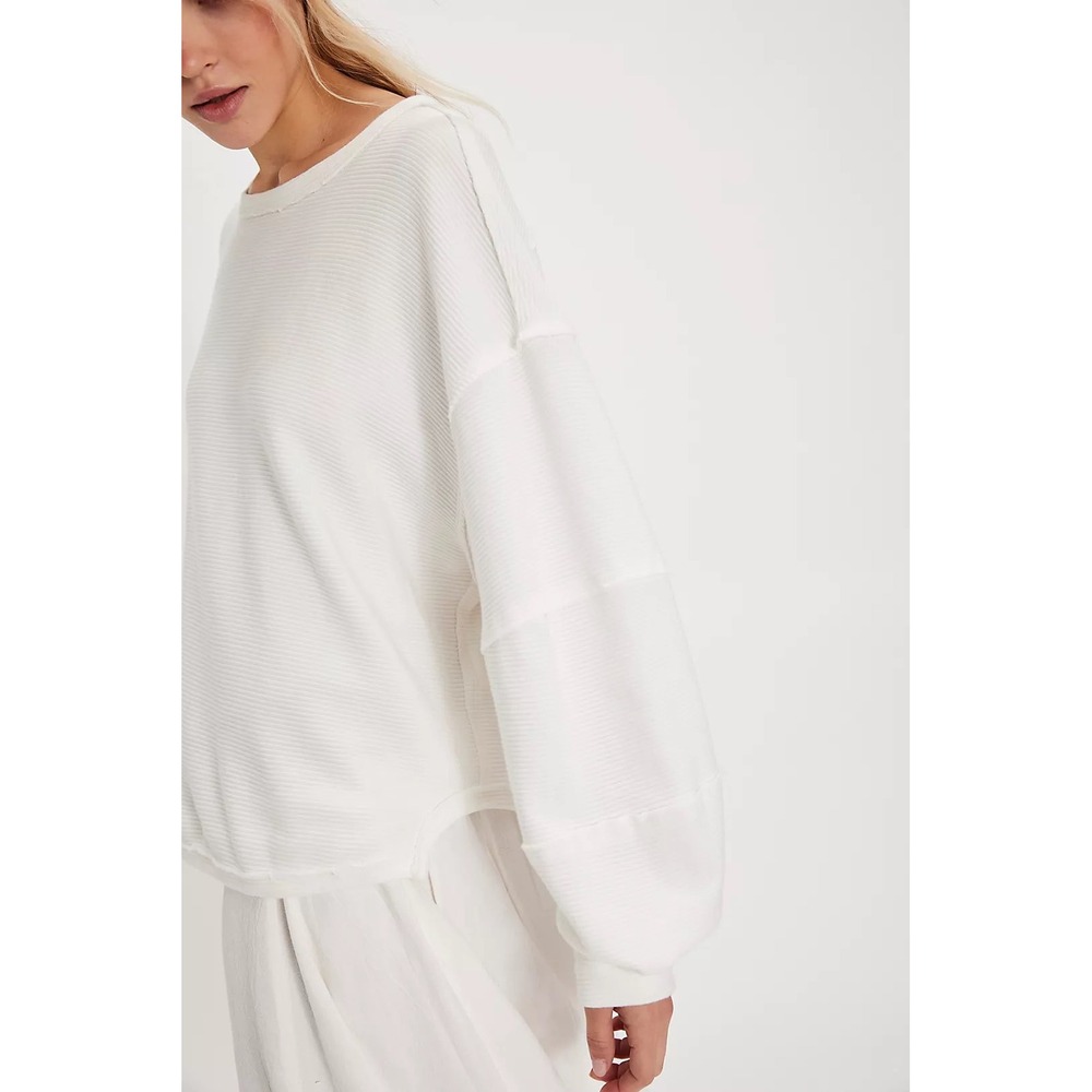 We The Free FP Total Eclipse Tee Top Women XS White Ribbed Raw Hem Oversized